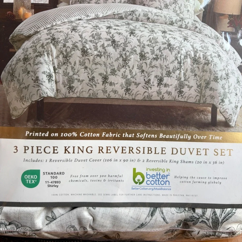 NWT EnVogue Duvet Set Holiday Floral Toile Bows Reversible King Green Cottage